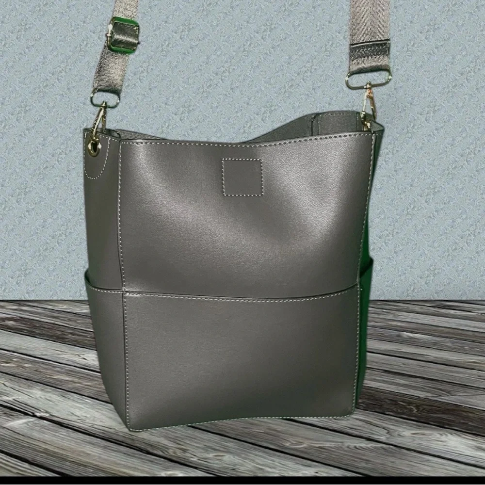 Mersi Vegan Leather Demi Bucket Bag With Detachable Straps Gray